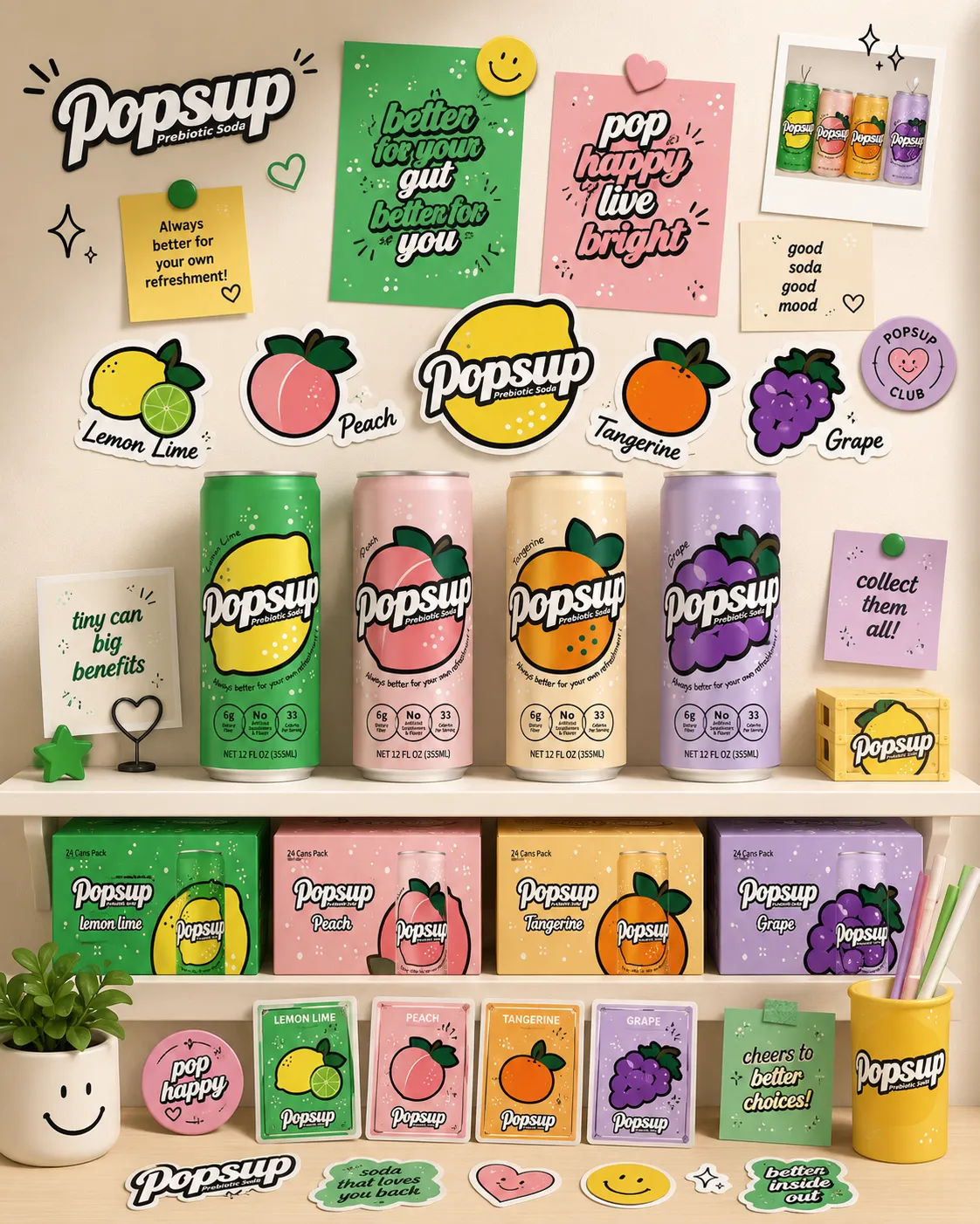 POPSUP brand art preview with fruit and bubbly soda energy