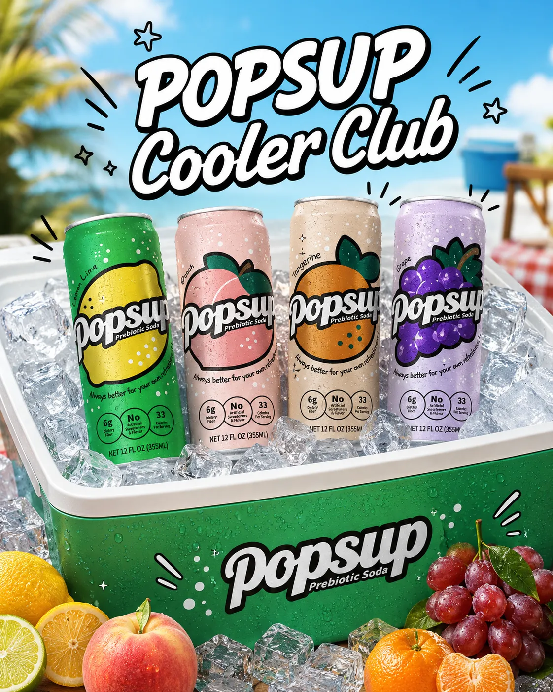 POPSUP brand art: posters with fruit, fizz, bubbles, and playful soda graphics
