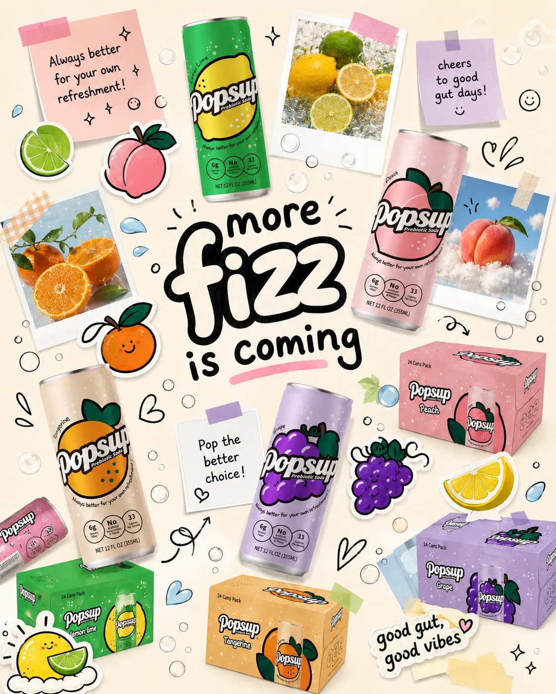 POPSUP brand art: social tiles with fruit, fizz, bubbles, and playful soda graphics