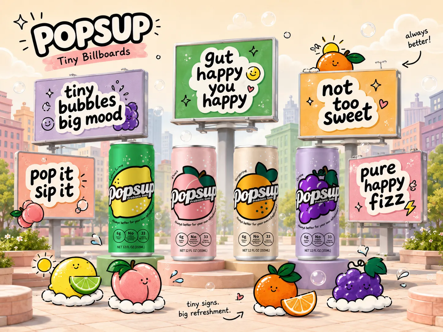 POPSUP brand art: flavor worlds with fruit, fizz, bubbles, and playful soda graphics