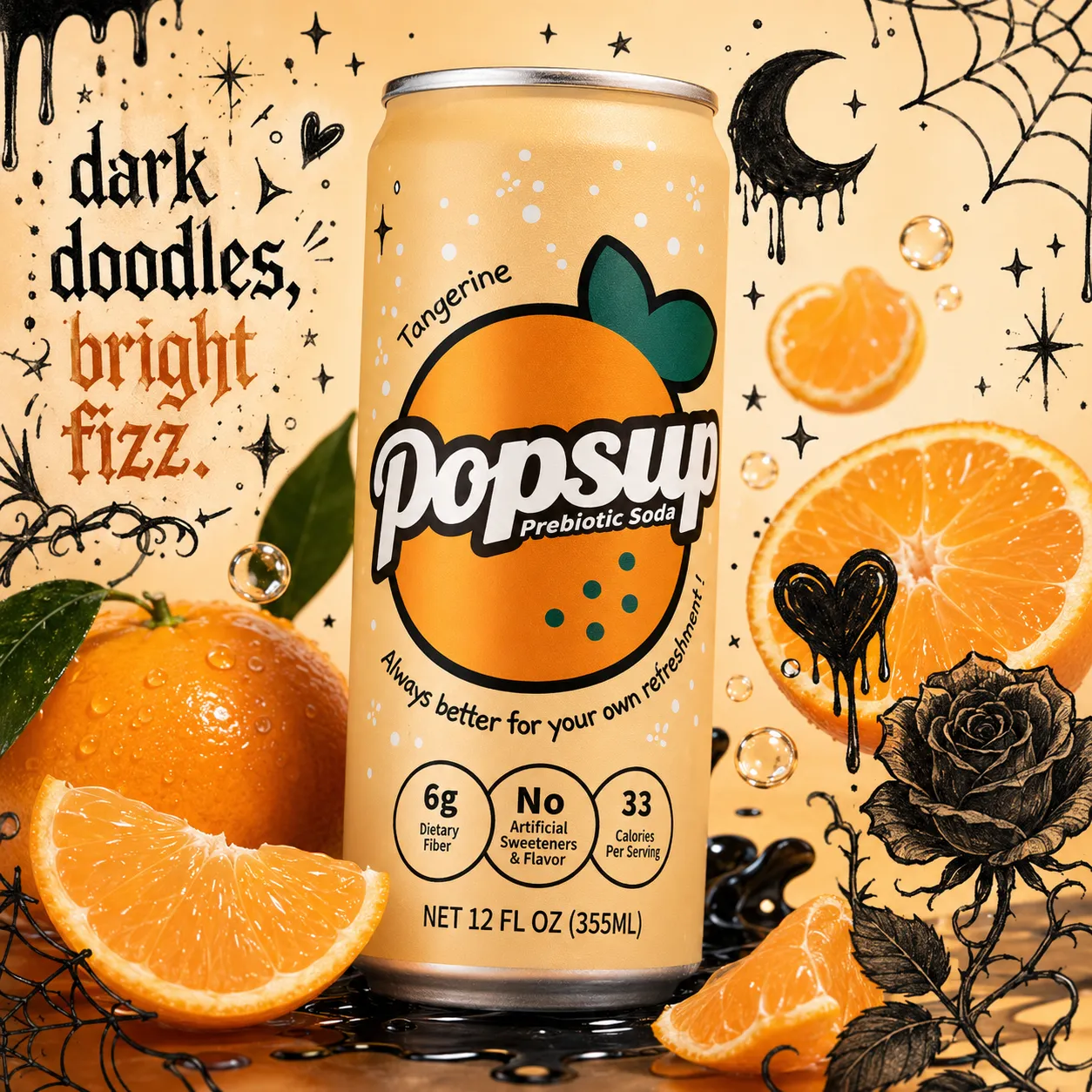POPSUP brand art: meme fizz with fruit, fizz, bubbles, and playful soda graphics