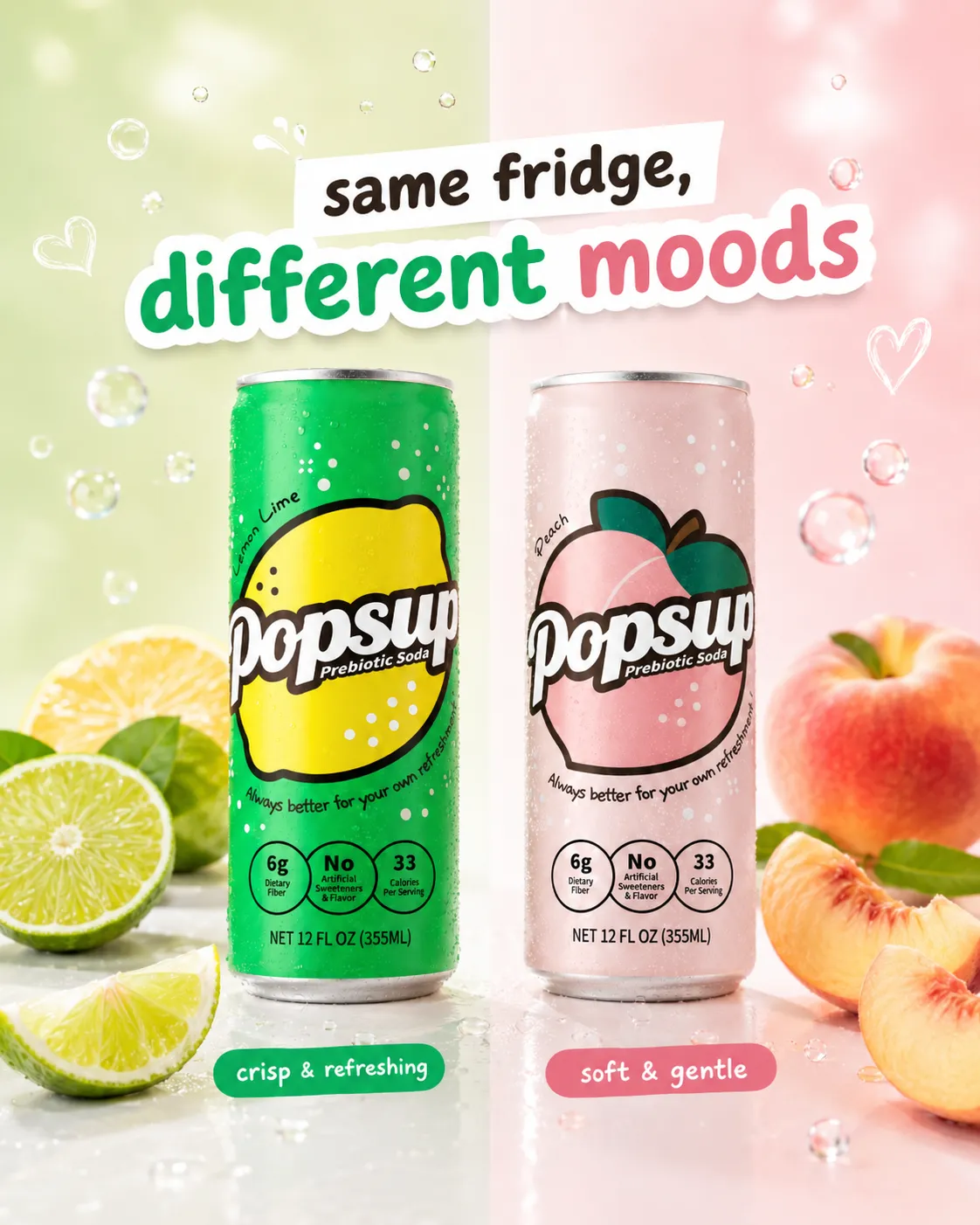 POPSUP brand art: stickers with fruit, fizz, bubbles, and playful soda graphics