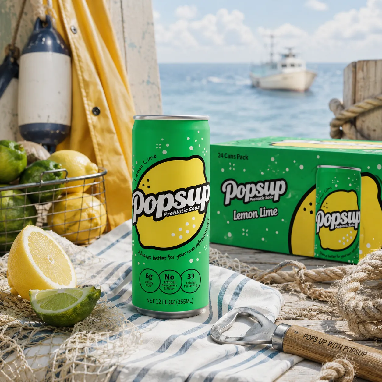 POPSUP brand art: social tiles with fruit, fizz, bubbles, and playful soda graphics