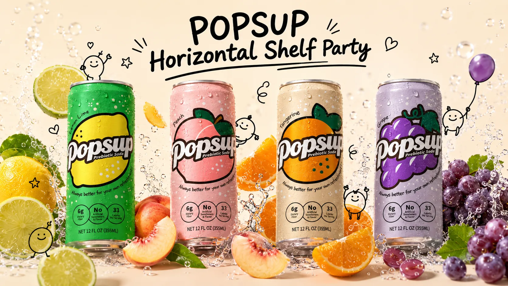 POPSUP brand art: flavor worlds with fruit, fizz, bubbles, and playful soda graphics