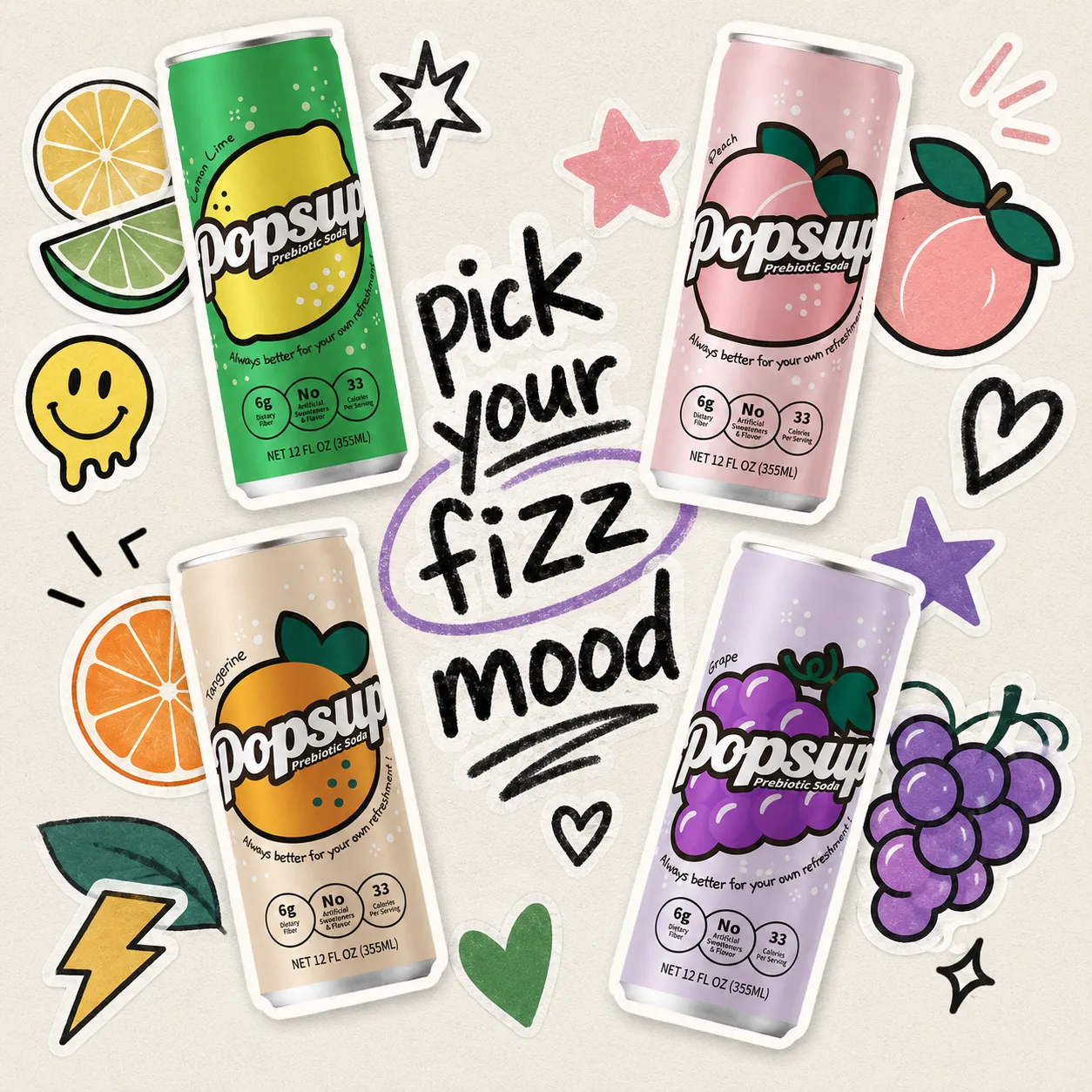 POPSUP brand art: lifestyle with fruit, fizz, bubbles, and playful soda graphics