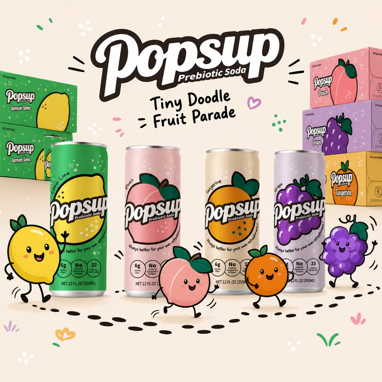 POPSUP brand art: posters with fruit, fizz, bubbles, and playful soda graphics