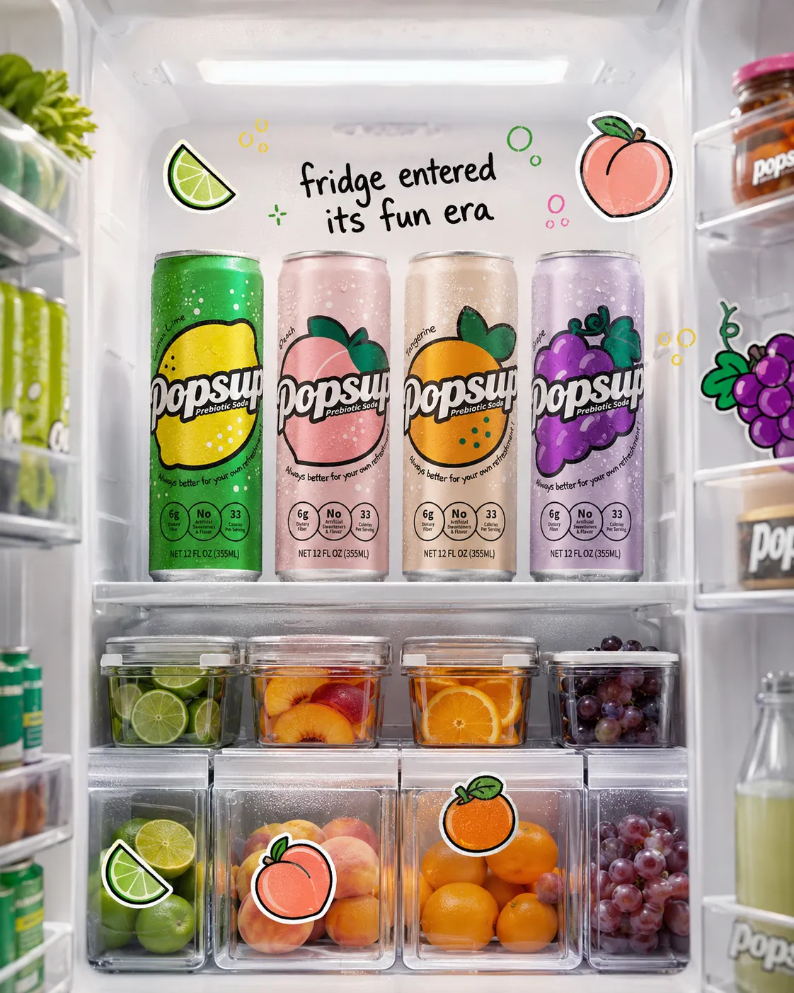 POPSUP brand art: stickers with fruit, fizz, bubbles, and playful soda graphics