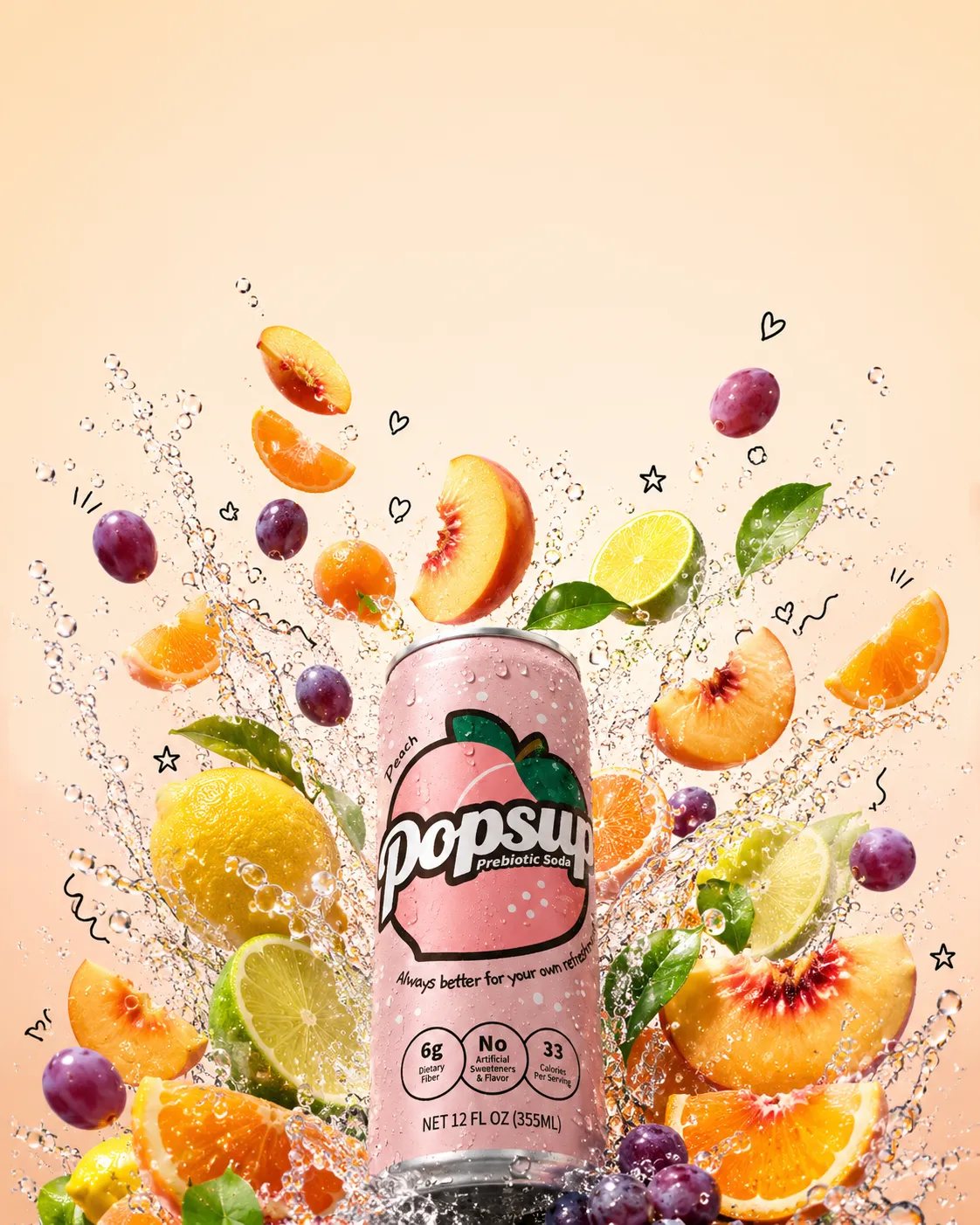 POPSUP brand art: social tiles with fruit, fizz, bubbles, and playful soda graphics