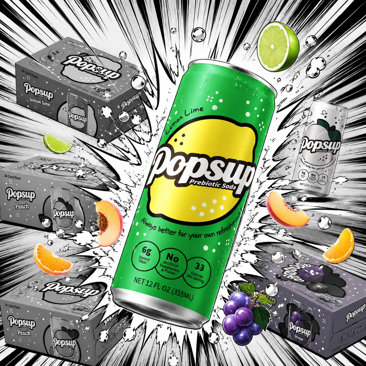 POPSUP brand art: campaigns with fruit, fizz, bubbles, and playful soda graphics