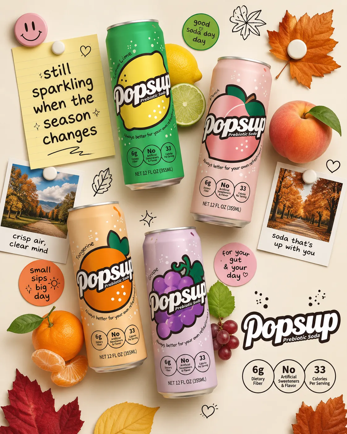 POPSUP brand art: flavor worlds with fruit, fizz, bubbles, and playful soda graphics