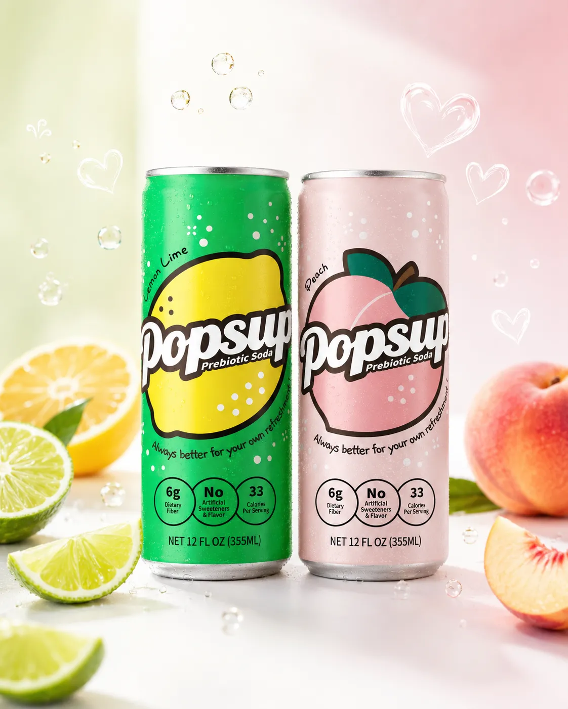 POPSUP brand art: meme fizz with fruit, fizz, bubbles, and playful soda graphics