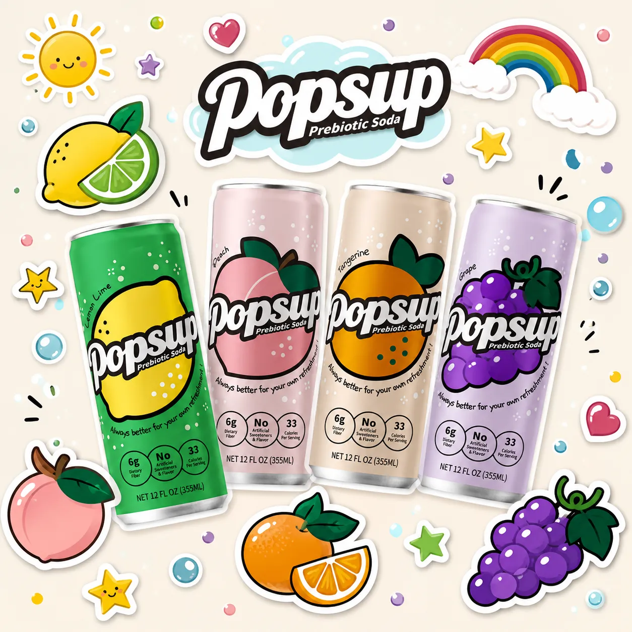 POPSUP brand art: social tiles with fruit, fizz, bubbles, and playful soda graphics