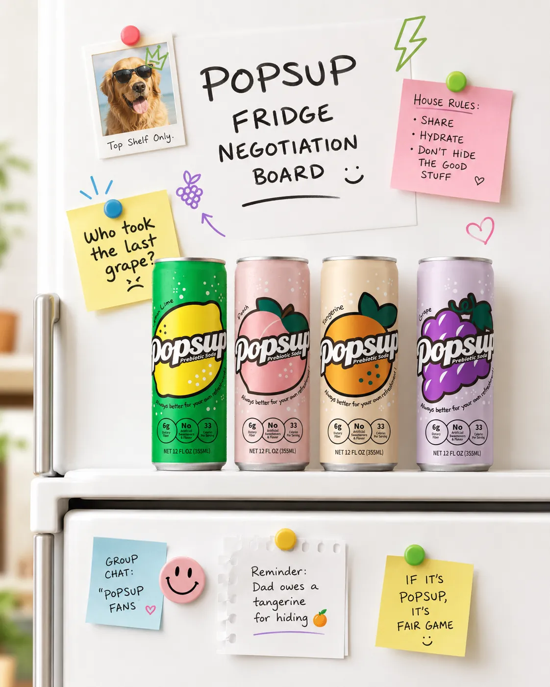 POPSUP brand art: campaigns with fruit, fizz, bubbles, and playful soda graphics