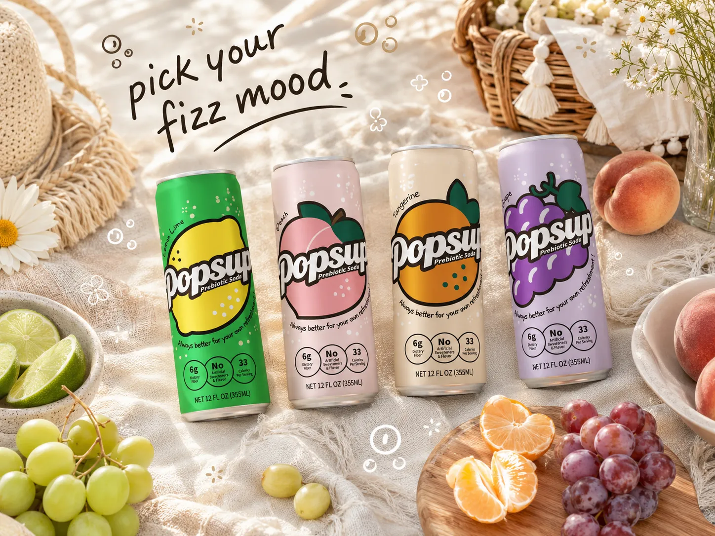 POPSUP brand art: meme fizz with fruit, fizz, bubbles, and playful soda graphics