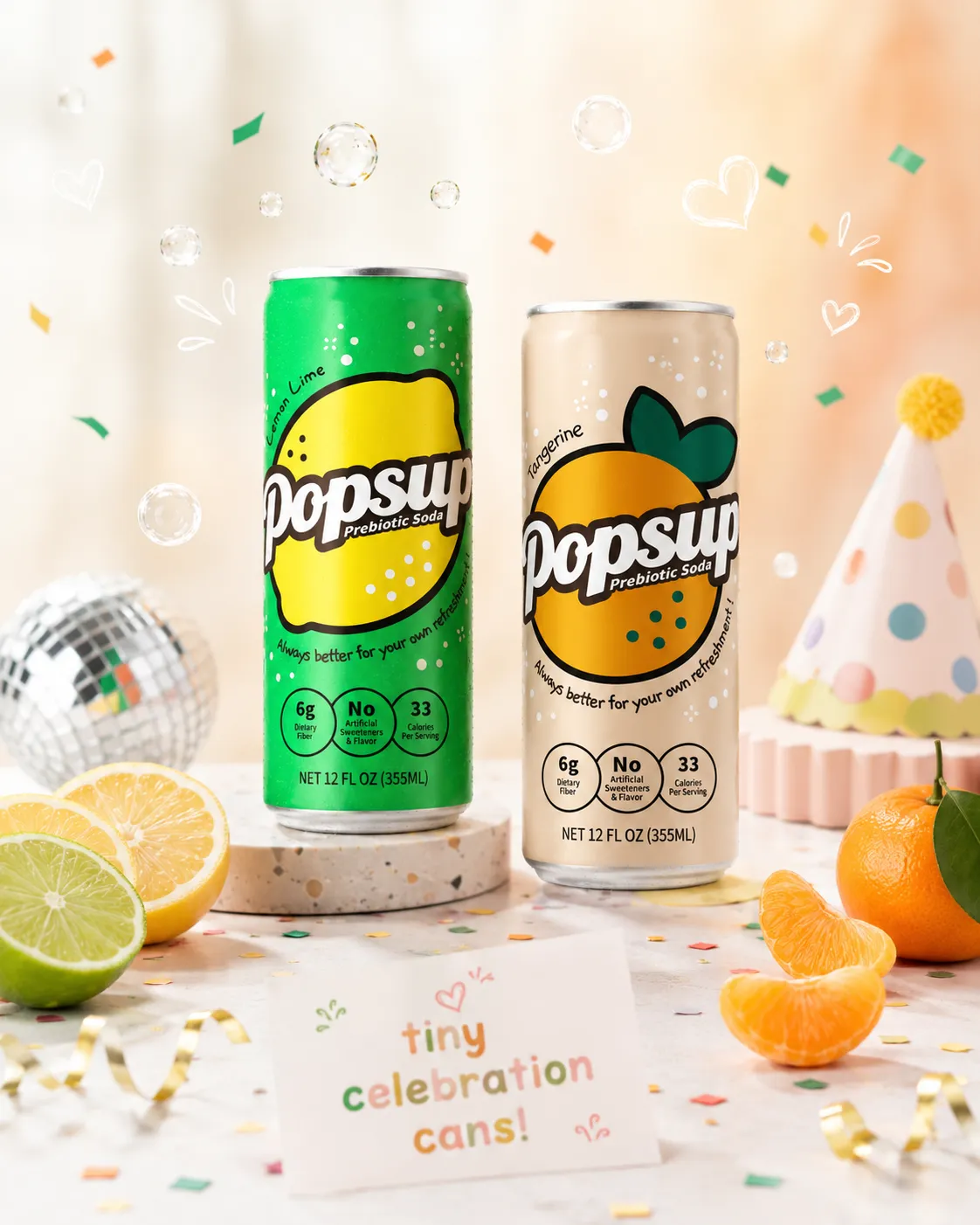POPSUP brand art: lifestyle with fruit, fizz, bubbles, and playful soda graphics