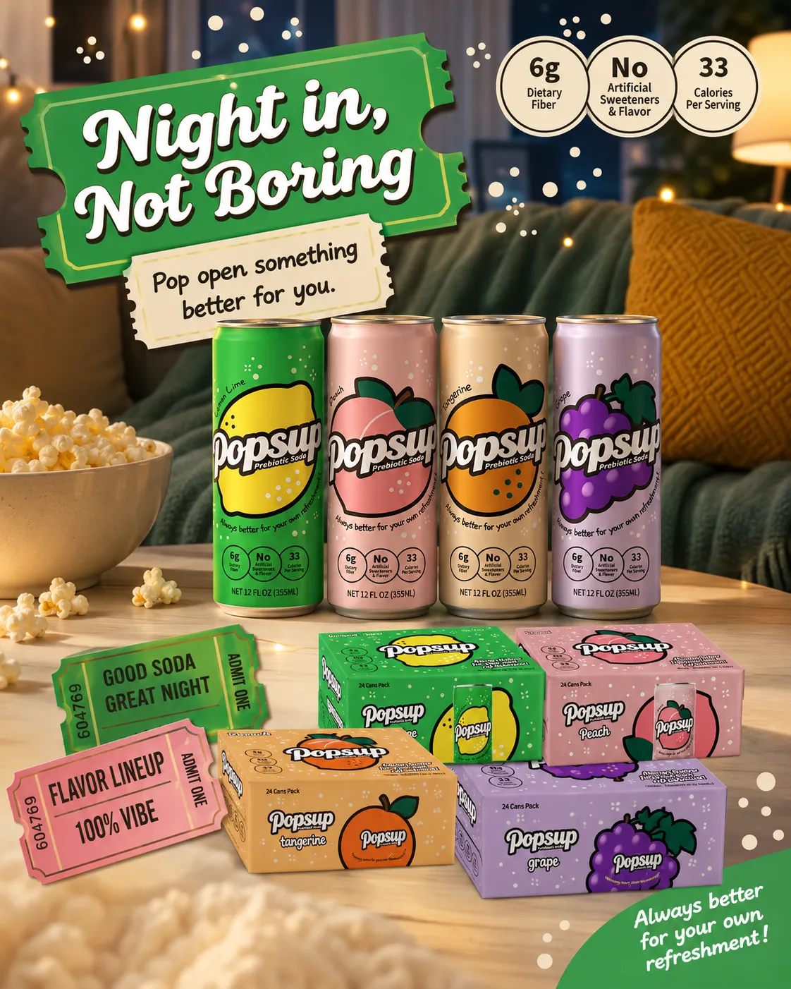 POPSUP brand art: posters with fruit, fizz, bubbles, and playful soda graphics