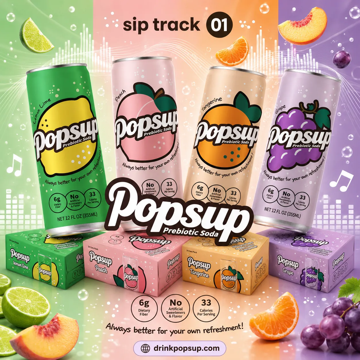 POPSUP brand art: social tiles with fruit, fizz, bubbles, and playful soda graphics