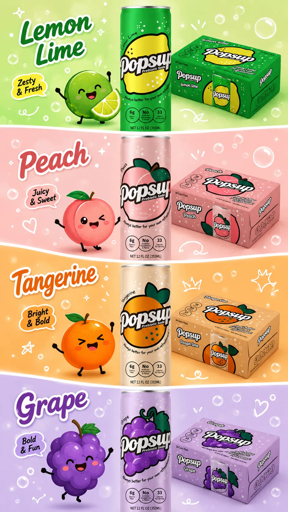 POPSUP brand art: lifestyle with fruit, fizz, bubbles, and playful soda graphics