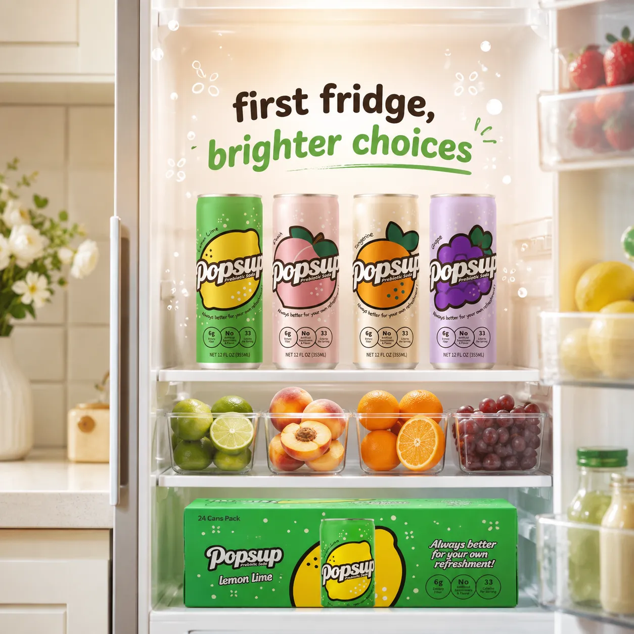 POPSUP brand art: posters with fruit, fizz, bubbles, and playful soda graphics