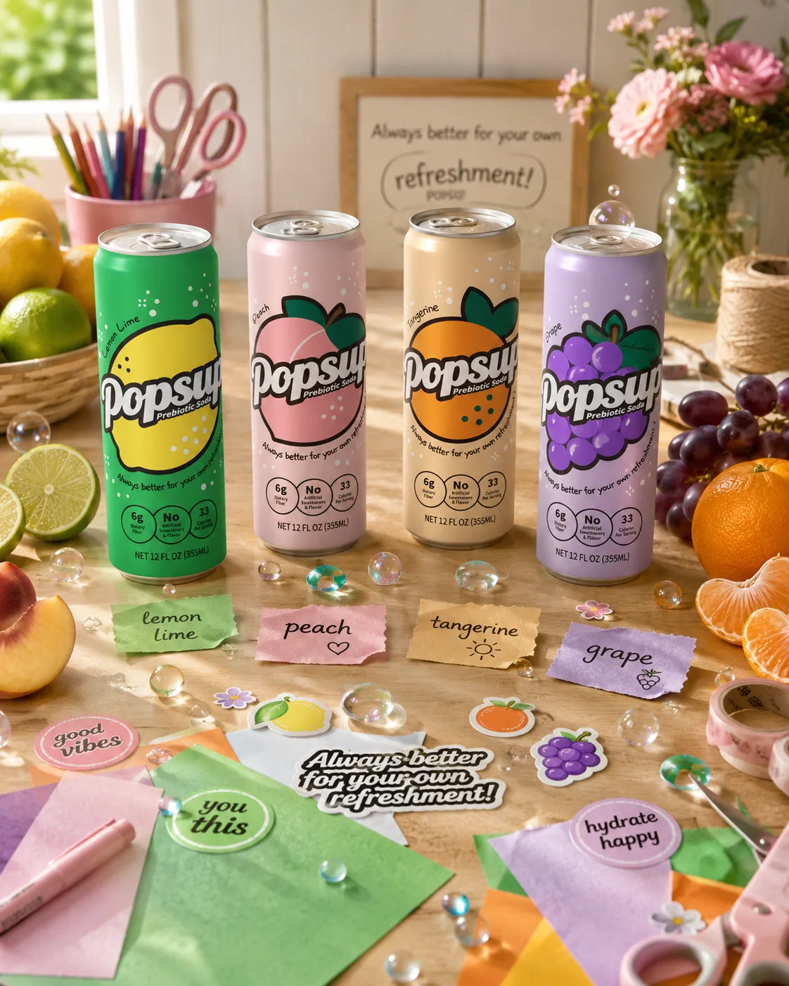 POPSUP brand art: social tiles with fruit, fizz, bubbles, and playful soda graphics
