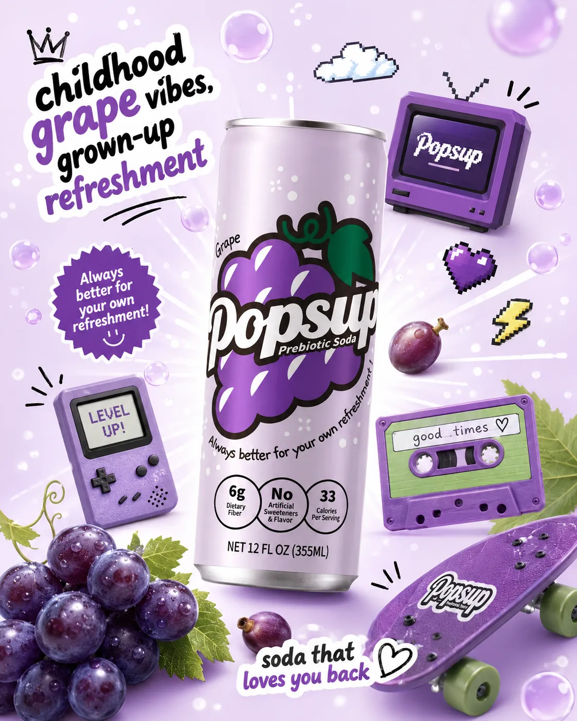 POPSUP brand art: campaigns with fruit, fizz, bubbles, and playful soda graphics