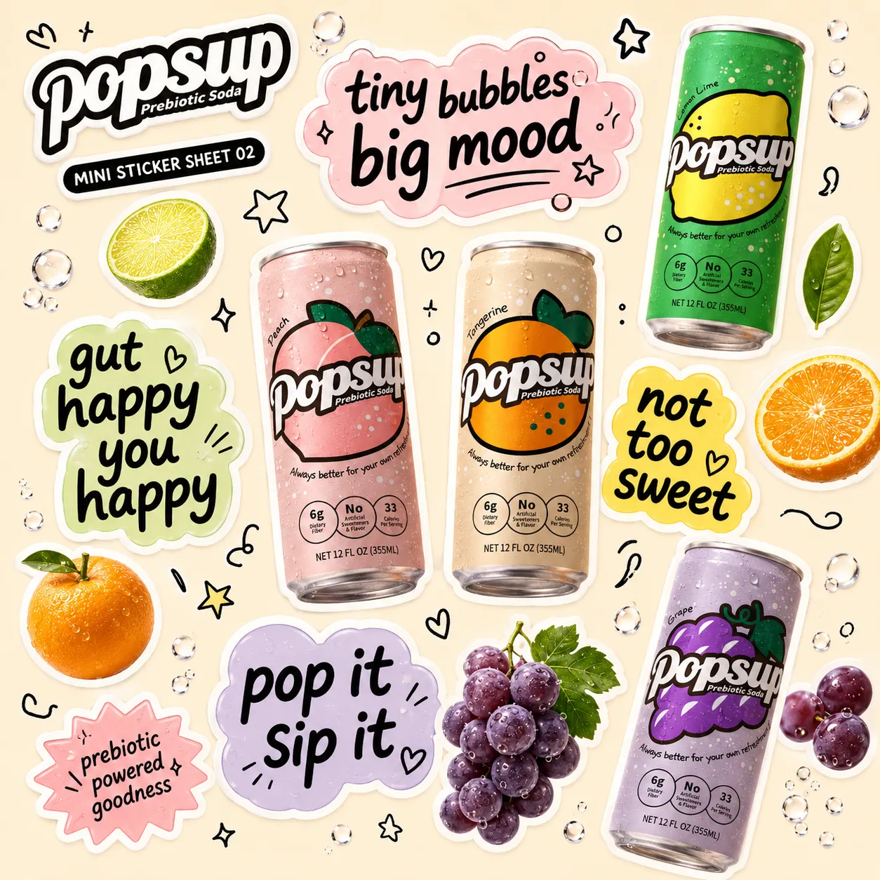 POPSUP brand art: flavor worlds with fruit, fizz, bubbles, and playful soda graphics