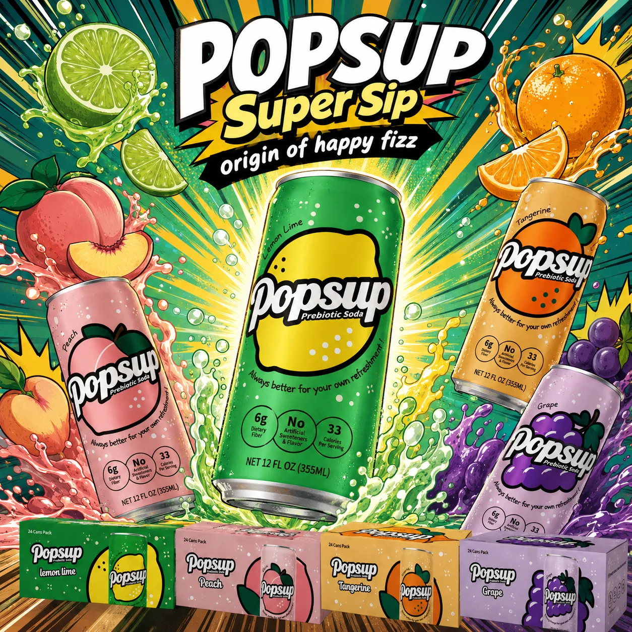 POPSUP brand art: lifestyle with fruit, fizz, bubbles, and playful soda graphics