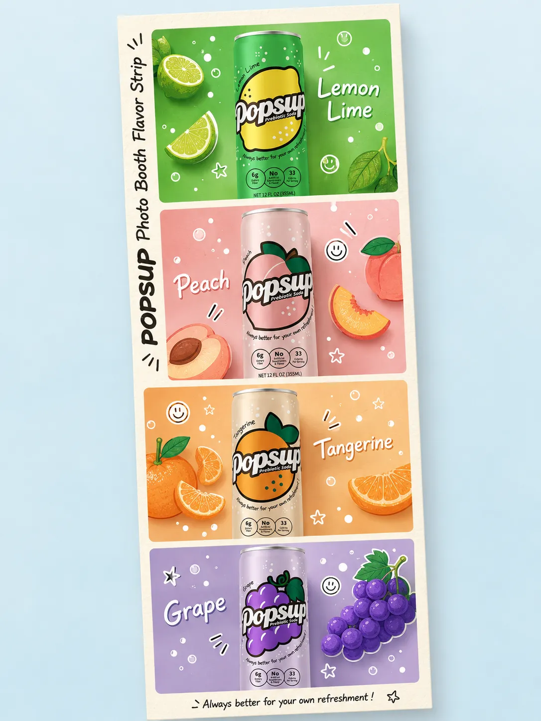 POPSUP brand art: posters with fruit, fizz, bubbles, and playful soda graphics