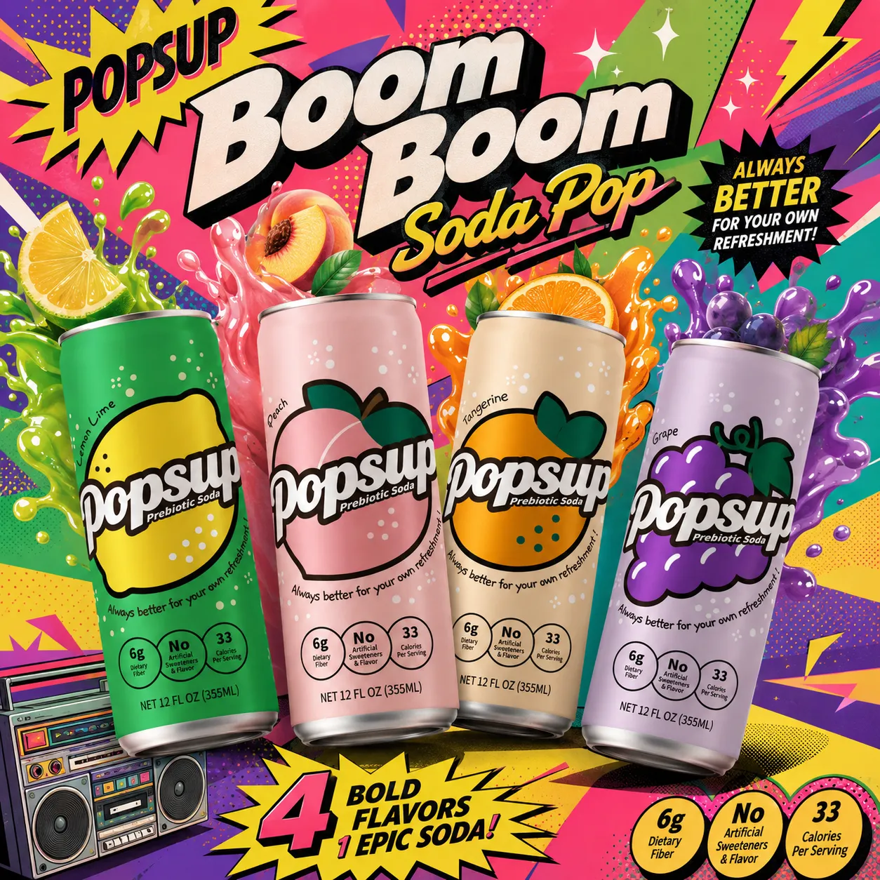 POPSUP brand art: social tiles with fruit, fizz, bubbles, and playful soda graphics
