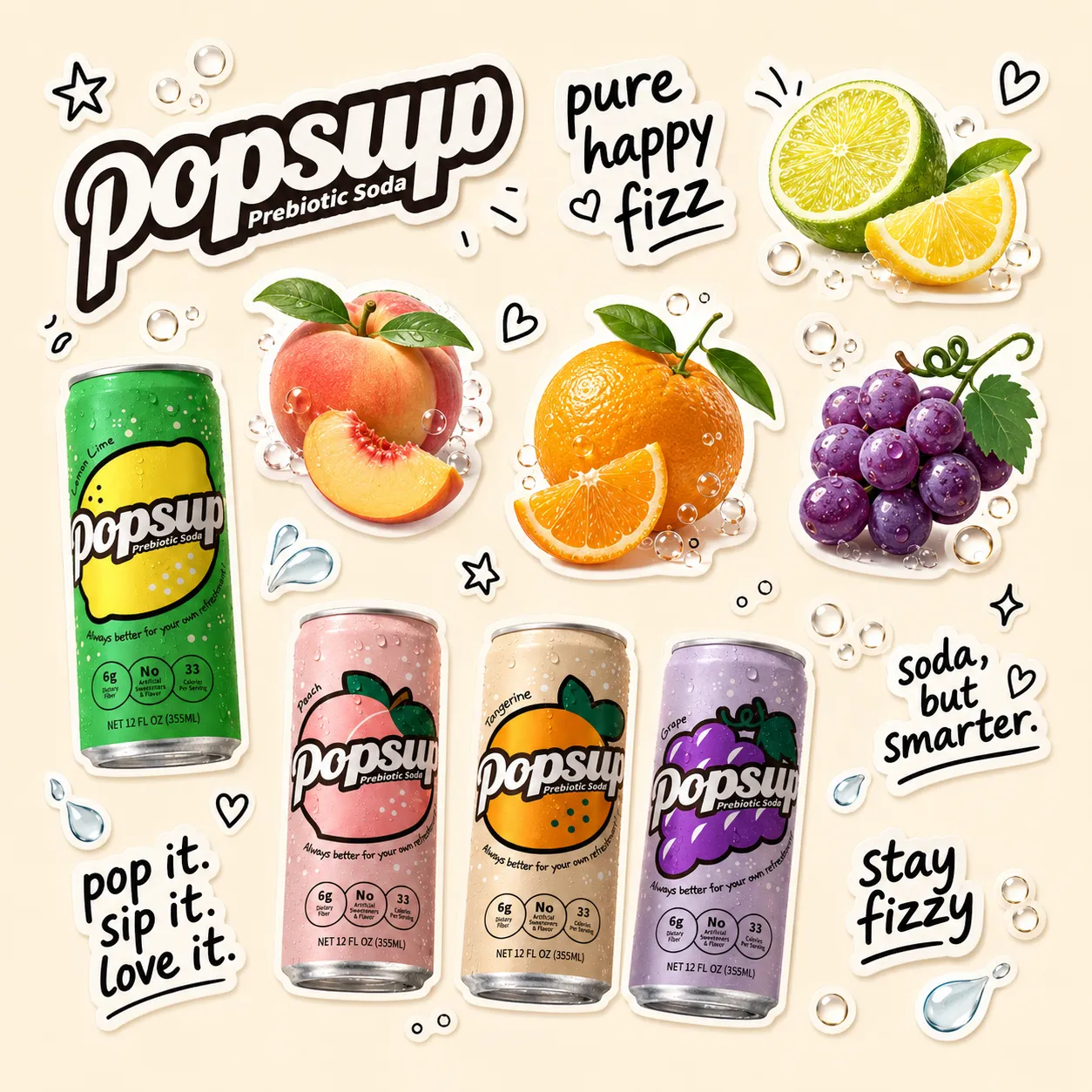 POPSUP brand art: campaigns with fruit, fizz, bubbles, and playful soda graphics