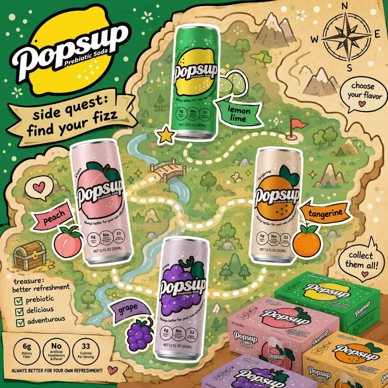 POPSUP brand art: flavor worlds with fruit, fizz, bubbles, and playful soda graphics