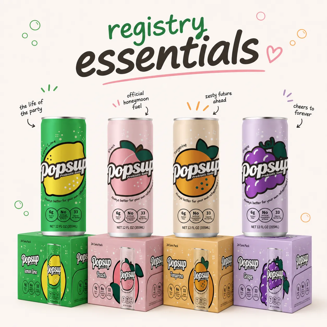 POPSUP brand art: meme fizz with fruit, fizz, bubbles, and playful soda graphics