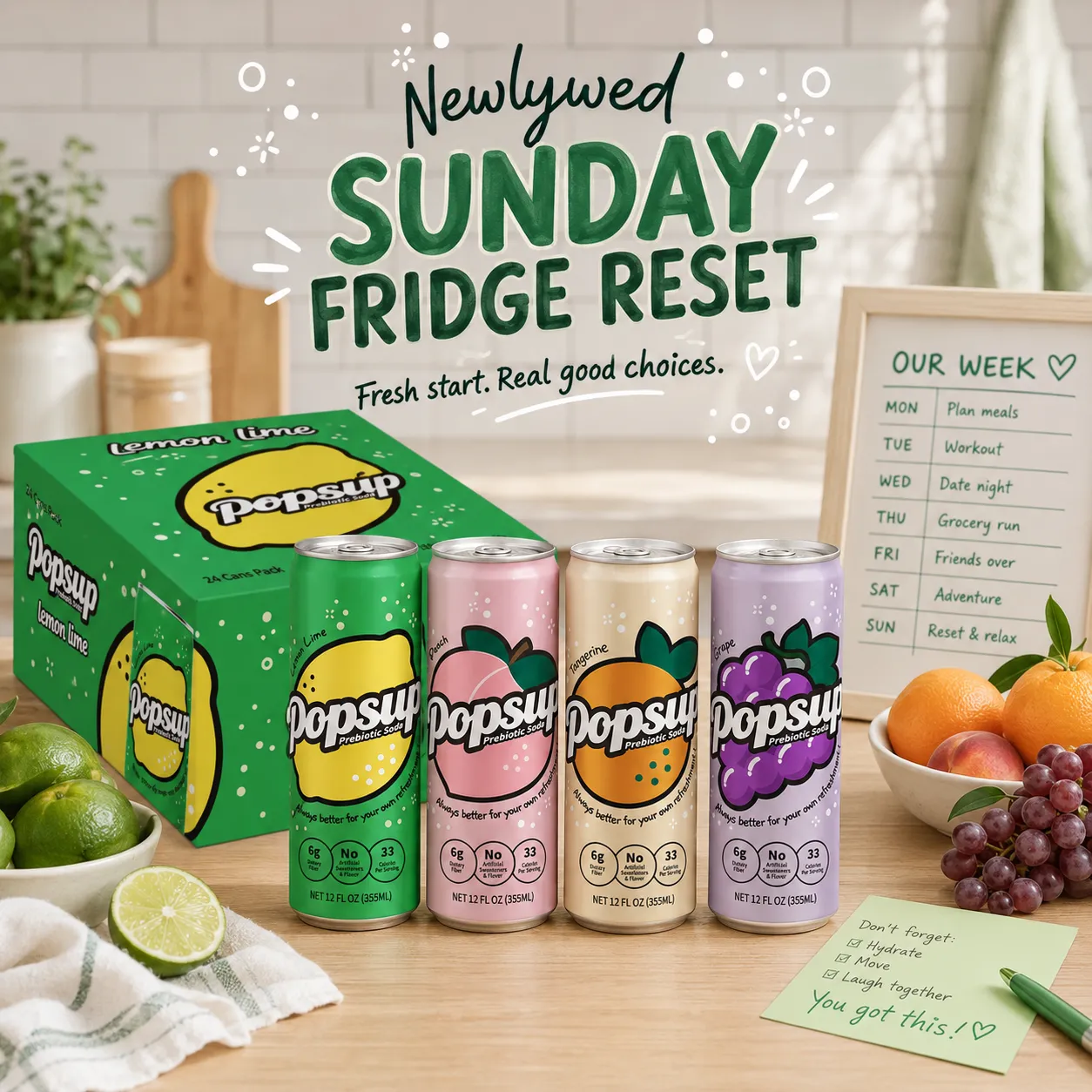 POPSUP brand art: stickers with fruit, fizz, bubbles, and playful soda graphics