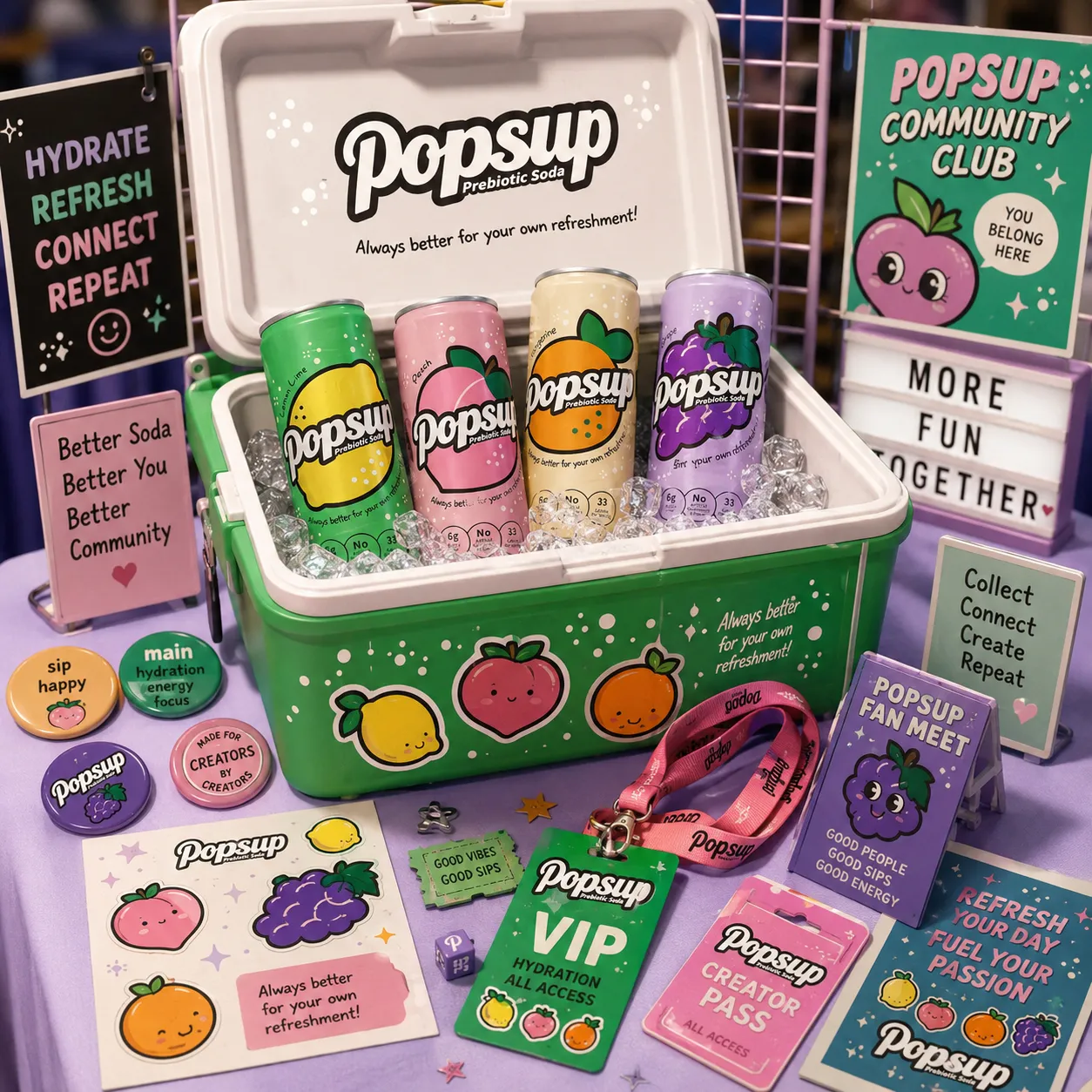POPSUP brand art: flavor worlds with fruit, fizz, bubbles, and playful soda graphics