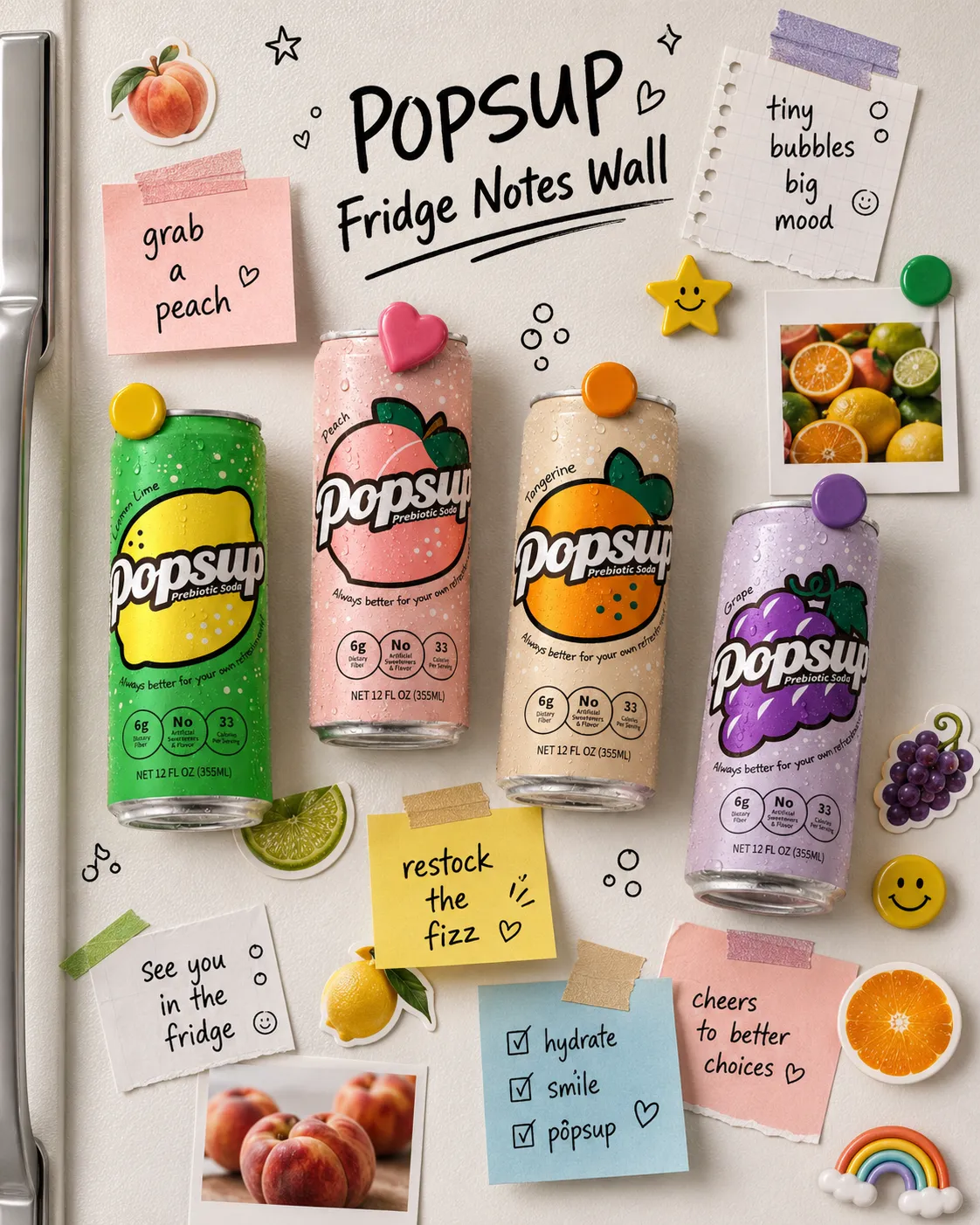 POPSUP brand art: lifestyle with fruit, fizz, bubbles, and playful soda graphics