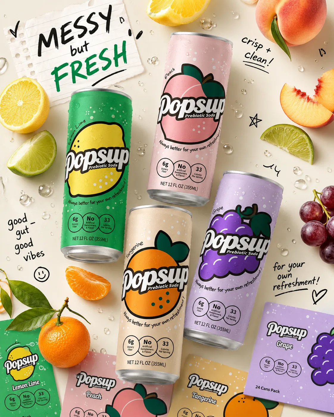 POPSUP brand art: stickers with fruit, fizz, bubbles, and playful soda graphics