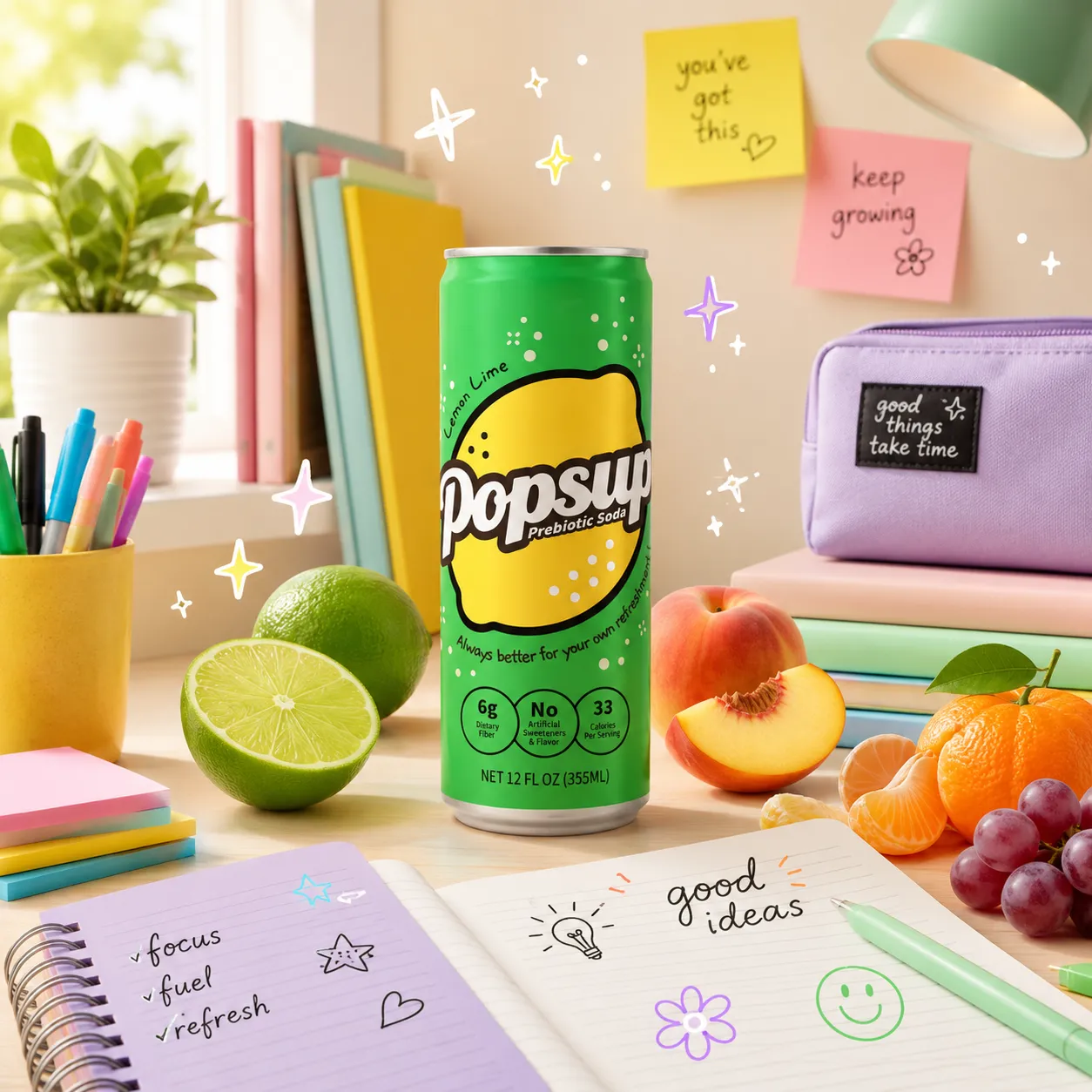 POPSUP brand art: campaigns with fruit, fizz, bubbles, and playful soda graphics