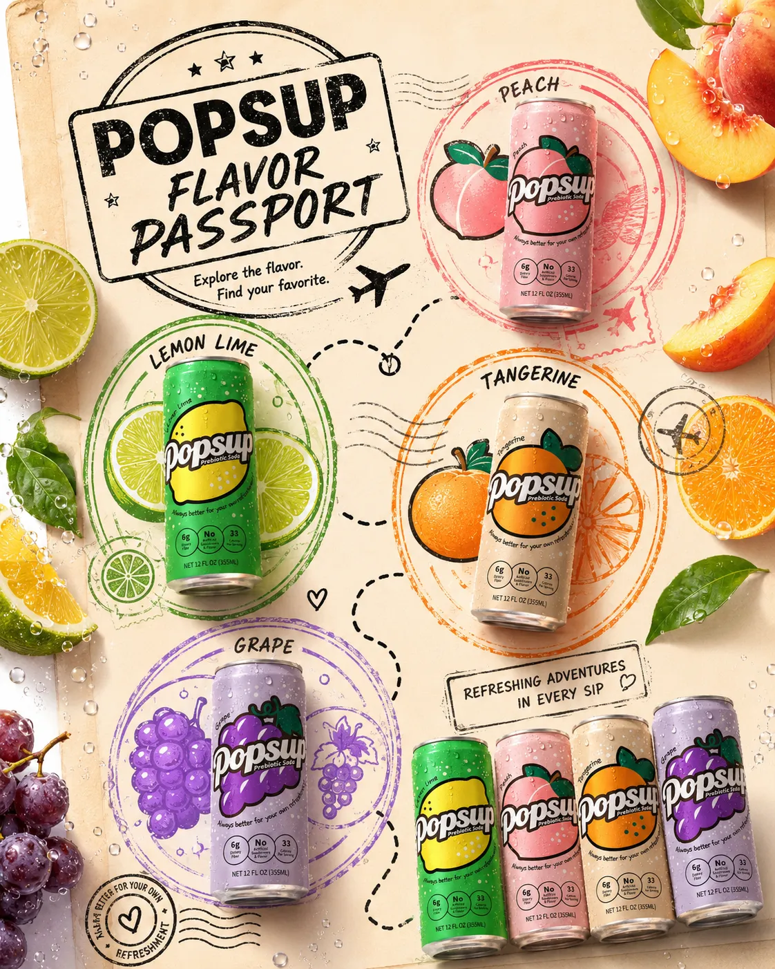 POPSUP brand art: posters with fruit, fizz, bubbles, and playful soda graphics