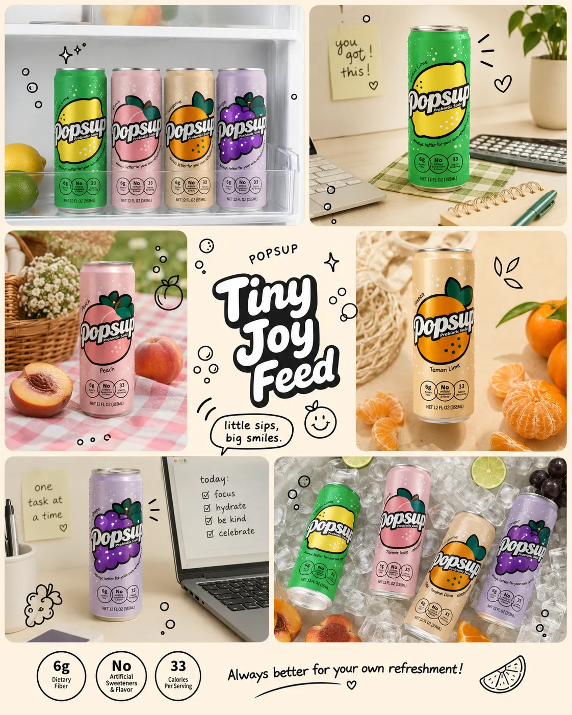 POPSUP brand art: social tiles with fruit, fizz, bubbles, and playful soda graphics