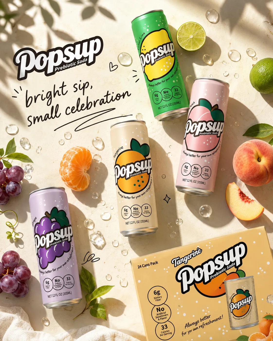 POPSUP brand art: flavor worlds with fruit, fizz, bubbles, and playful soda graphics