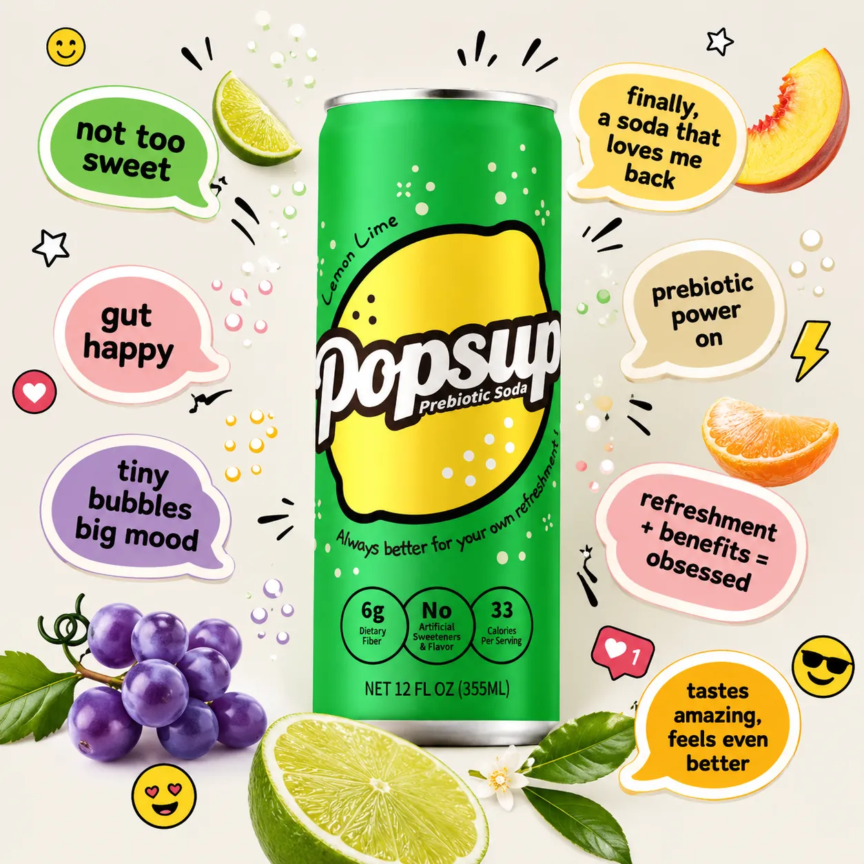 POPSUP brand art: meme fizz with fruit, fizz, bubbles, and playful soda graphics