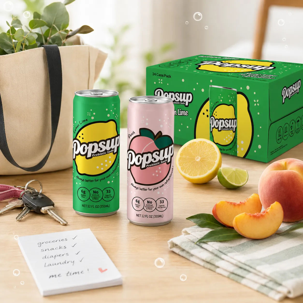 POPSUP brand art: lifestyle with fruit, fizz, bubbles, and playful soda graphics
