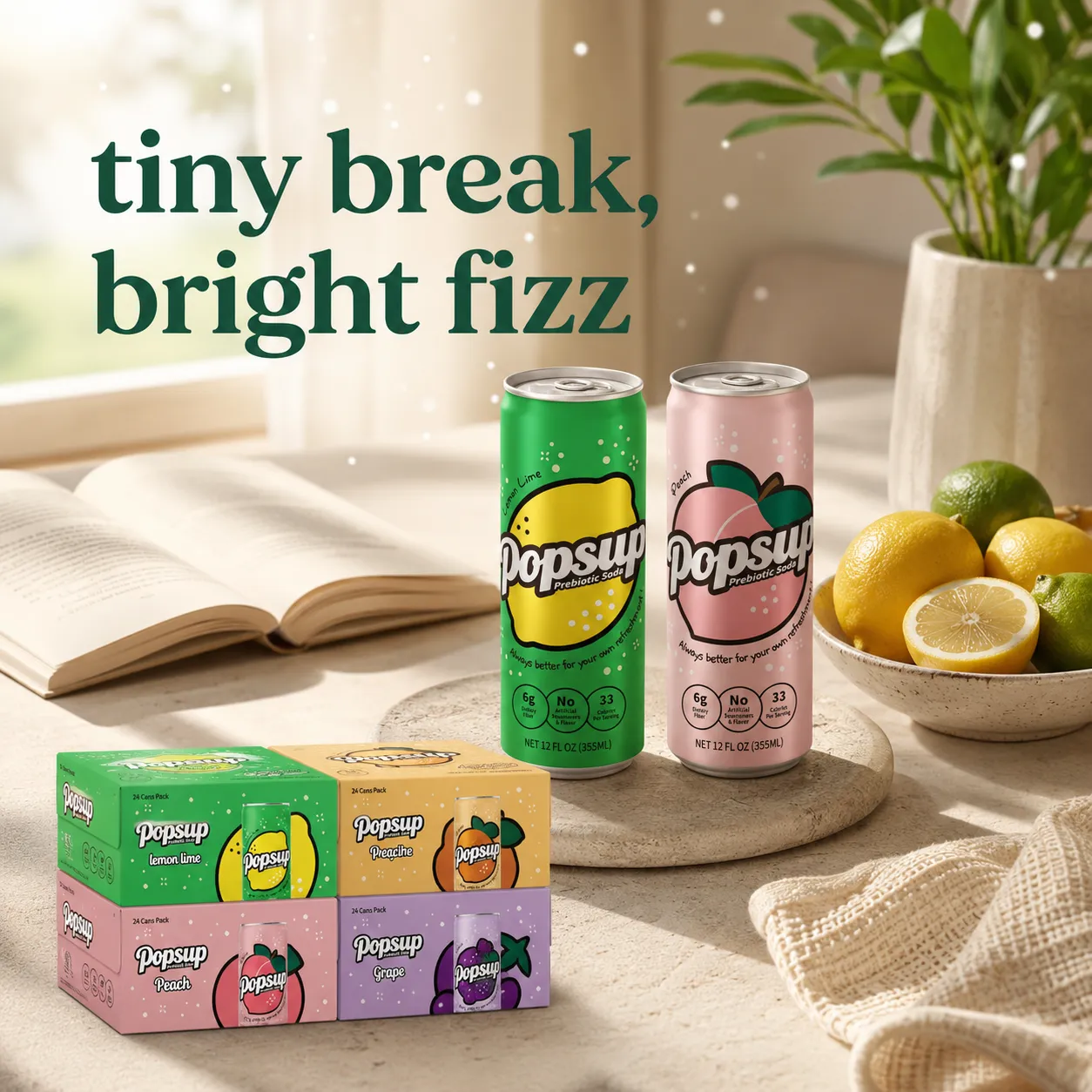POPSUP brand art: posters with fruit, fizz, bubbles, and playful soda graphics
