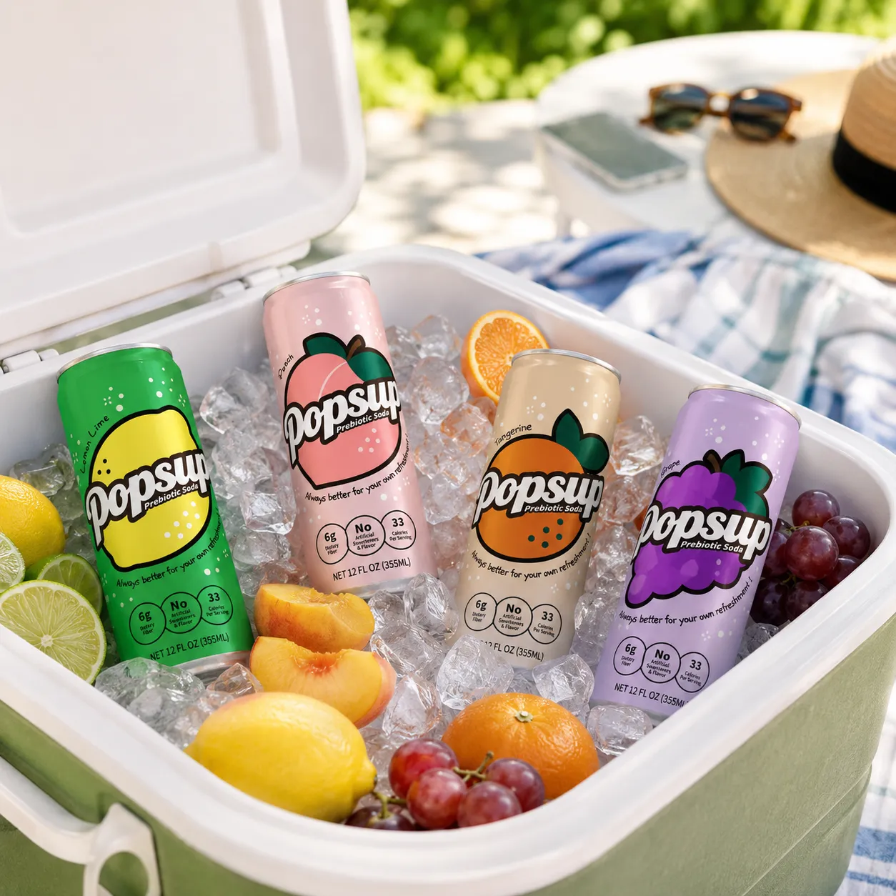 POPSUP brand art: flavor worlds with fruit, fizz, bubbles, and playful soda graphics