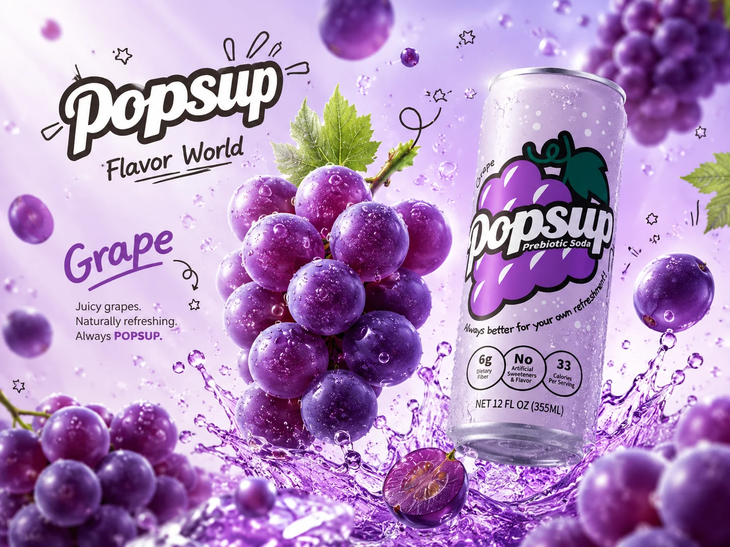 POPSUP Grape flavor world with fruit, bubbles, and product can