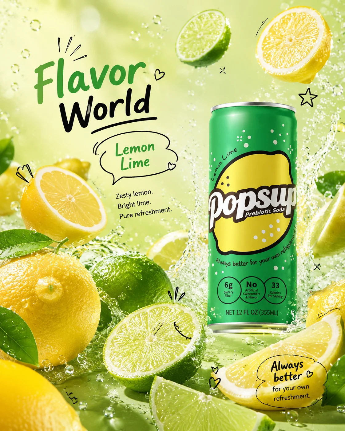 POPSUP Lemon Lime flavor world with fruit, bubbles, and product can