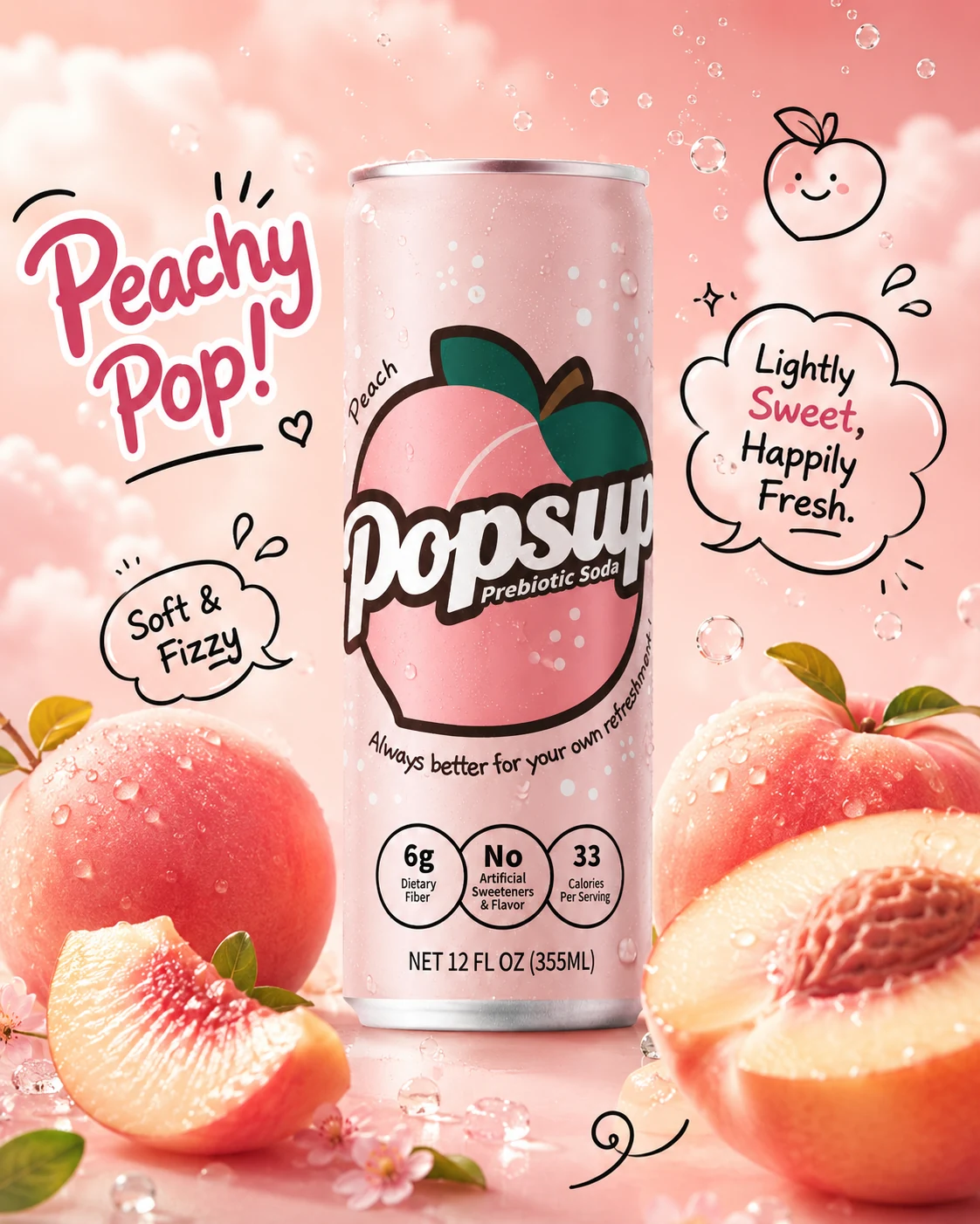 POPSUP Peach flavor world with fruit, bubbles, and product can