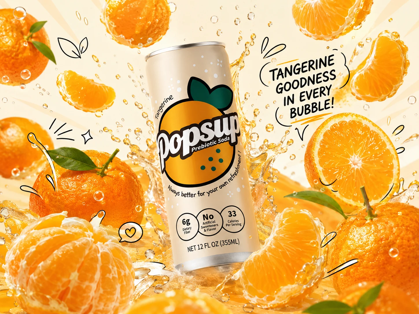 POPSUP Tangerine flavor world with fruit, bubbles, and product can